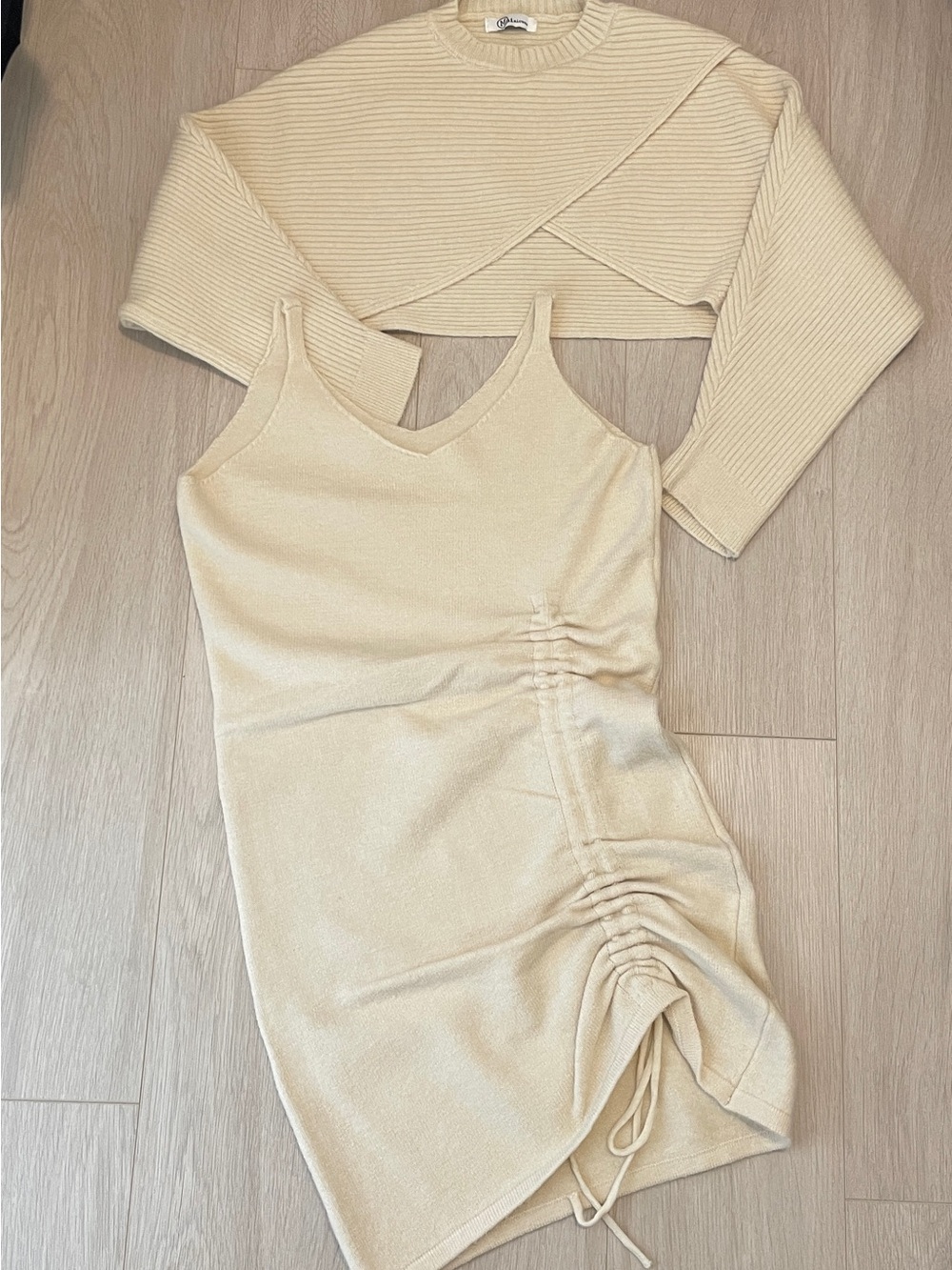 Cream Ruched V-Neck Two Piece Sweater Dress with Cropped Knit
